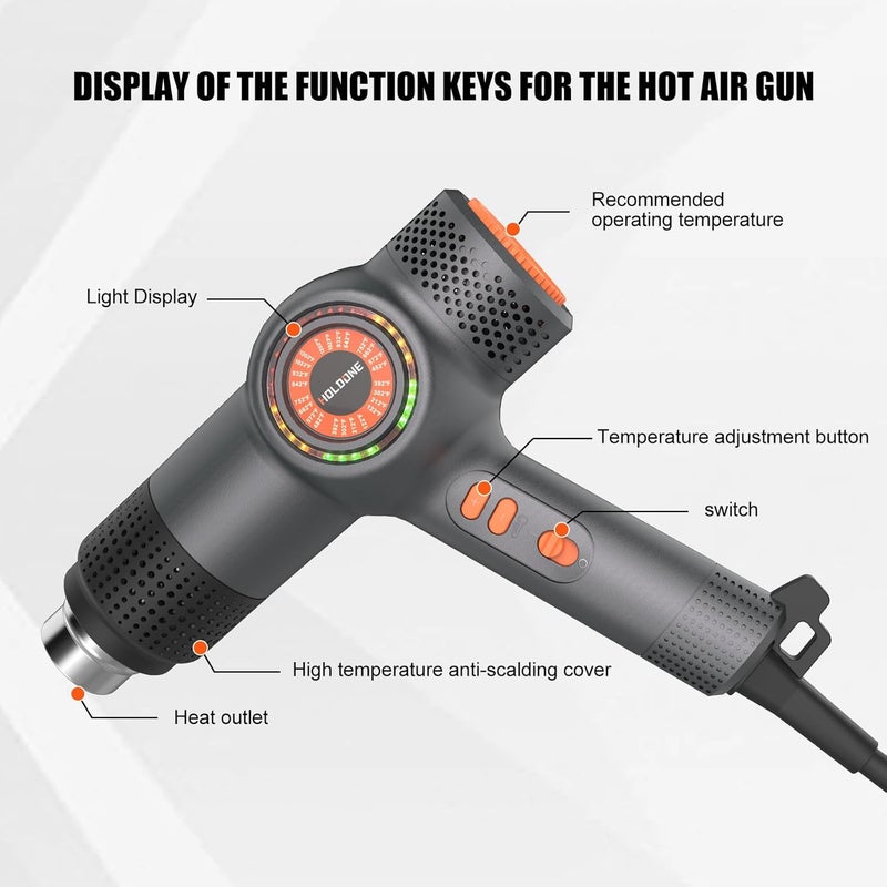 Holdone Heat Gun Fast Heating 1800W 122℉-1202℉ LED 3-color light to display temperature Shrink wrap heat gun with 4 Nozzles for Soften,Car film,Drying - Image 3